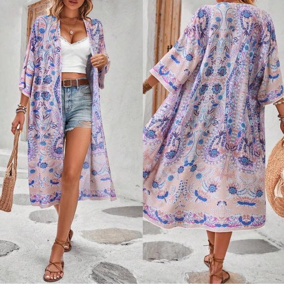 Paisley Print 3/4 sleeve Kimono Cover up - Picture 4 of 7